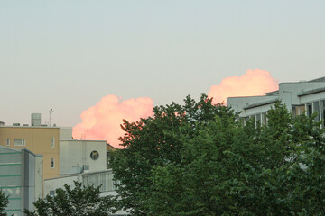 Two pink clouds in the lue sky. clouds over rooftops in Helsinki, Finland. Green trees and...