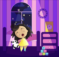 a sweet little girl woke up in the night and got out of bed, yawning . ideal for printing book images, covers, and postcard flyers. EPS 10 © Азиза Сейфутдинова