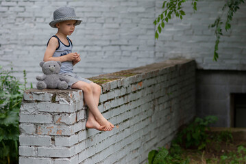 Little boy sits on a fence with a teddy bear