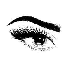 Hand drawn black and white vector illustration of an eye. Girl look