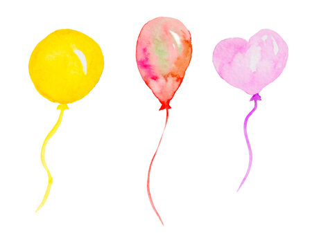 Set of watercolor for the holiday, birthday balloons, gift. Hand drawn watercolor illustration isolated on white background