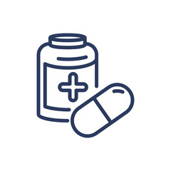 Medical drugs thin line icon. Pill, open bottle, medication isolated outline sign. Treatment, cure, therapy concept. Vector illustration symbol element for web design and apps