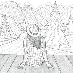 The girl sits on the bridge and looks at the mountains. Landscape.Coloring book antistress for children and adults. Zen-tangle style.Black and white drawing