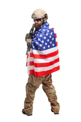 USA special forces in military equipment and with weapons standing on a white background, American soldier with the flag of America