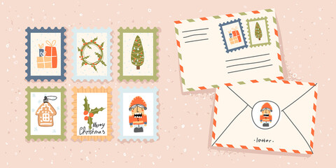 Merry Christmas card. Paper envelope with stamps and decorative winter elements on an isolated background. Christmas tree. A letter for Santa Claus. Holiday cards. Mail. Flat illustration. Vector.