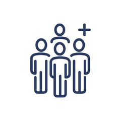 Group of users and add symbol thin line icon. Team, community, plus, cross isolated outline sign. People, human resource, social network concept. Vector illustration symbol element for web design