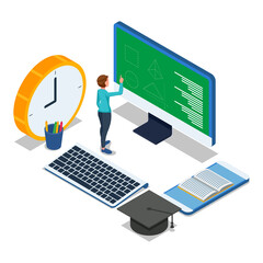 Student do online exercise in computer desktop. Male with computer, mobile phone, clock, graduation cap. Vector