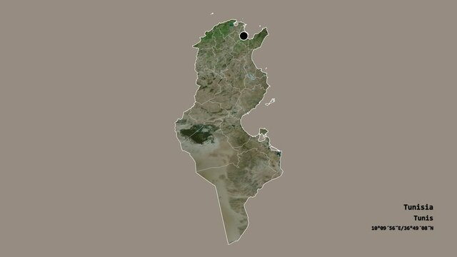 Nabeul, governorate of Tunisia, with its capital, localized, outlined and zoomed with informative overlays on a satellite map in the Stereographic projection. Animation 3D