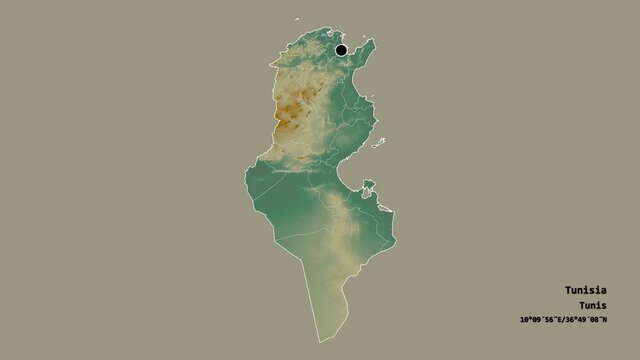Sidi Bou Zid, governorate of Tunisia, with its capital, localized, outlined and zoomed with informative overlays on a relief map in the Stereographic projection. Animation 3D