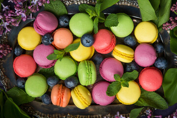Fototapeta na wymiar Multicolored macarons with blueberries and mint leaves close up