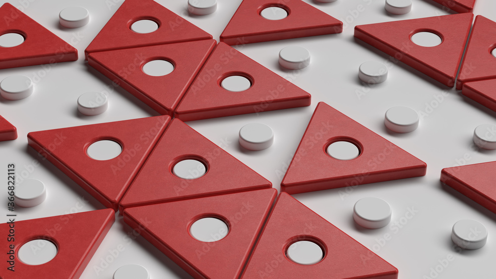 Poster 3d render of rotating triangle geometric background.. red triangle on white floor.