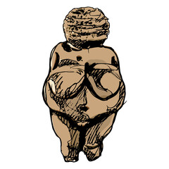 Venus of Willendorf. Paleolithic female figurine from Austria. Stone age sculpture. Great Mother archetype. Fat pregnant lady. Fertility goddess. Hand drawn colorful rough sketch. © Olena