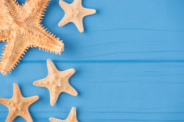 Fototapeta na wymiar Top above overhead view close-up photo of starfish placed sideways isolated on blue wooden background with copyspace