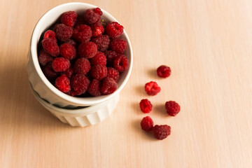 bowl with fresh red raspberries.