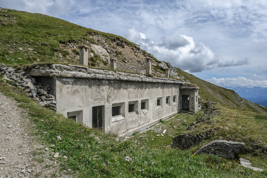 World War I bunkers as seen from Carnic Peace Trail along the Austrian & Italian border on the ascent to Monte Elmo summit, Carnic Alps Highroute, South Tirol, Italy/Austria.