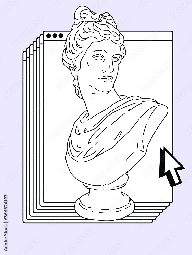 Aufkleber surreal retrofuturistic vector illustration of user interface with roman antique statue in cartoon a