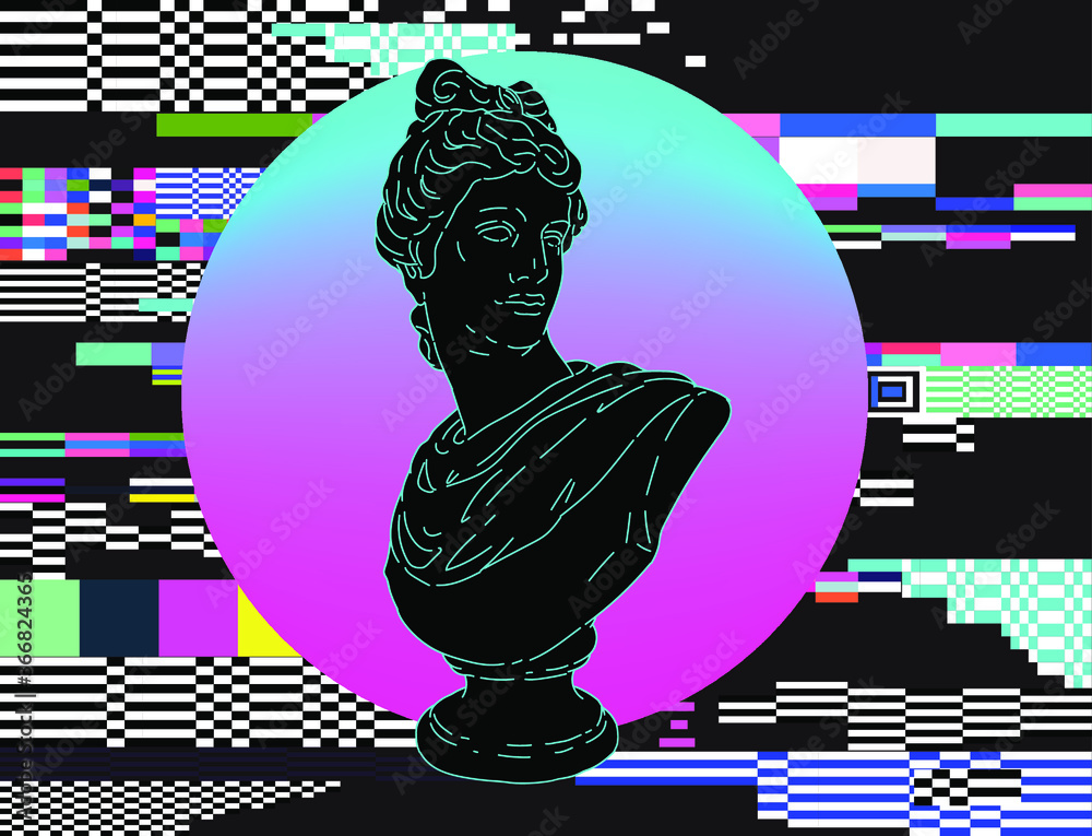 Poster pop art style collage with gypsum head and glowing neon disk on dark background. illustration with r
