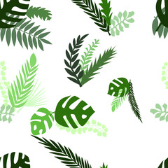 
seamless pattern of leaves of exotic plants in gray and green shades