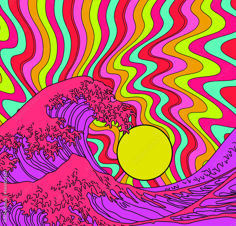 Poster great wave in psychedelic hippie style. view on the ocean's crest leap stylized like the pop art of 