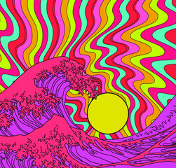 Great Wave in Psychedelic Hippie style. View on the ocean's crest leap stylized like the Pop art of the Sixties. - obrazy, fototapety, plakaty