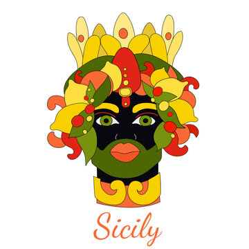 Traditional sicilian pottery. Moor head, vector illustration. Sicily, Italy. Travel, tourism