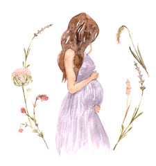 Cute pregnant girl wearing straw hat on a background of wreath wild flowers. The concept of pregnancy, motherhood, family. Watercolor illustration. Happy mum. Pregnant belly side view. - 366824930