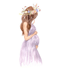 Cute pregnant girl with wreath flowers on a white background. The concept of pregnancy, motherhood, family. Watercolor illustration. Happy mum. Pregnant belly side view. - 366824944
