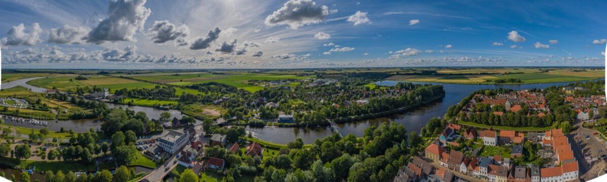 Panoramic aerial city view of Friedrichstadt, Dutch town in the state Schleswig-Holstein with the romantic canals situated on the river Eider and Treene, Nord frisia, Germany