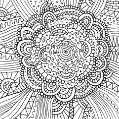 Fototapeta premium Floral doodle trippy psychedelic mandala artwork. Line black and white realistic drawing. Antistress coloring page for adults. Vector illustration