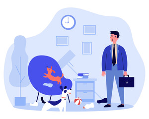 Little dogs playing and getting mess in apartment. Pet, home, owner flat vector illustration. Animal and household concept for banner, website design or landing web page