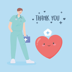 thank you doctors and nurses, doctor with kit first aid and heart cartoon