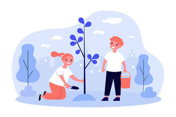 Children planting tree in spring. Kids working in garden. Vector illustration for environment protection, nature care, volunteering, education concepts