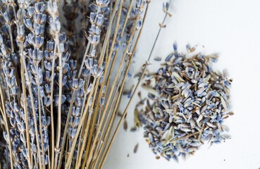 Bunch of dried lavender on a white background.