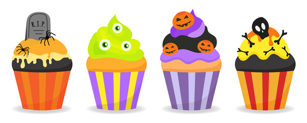 Halloween decorated cupcakes with spiders, pumpkins, bones, eyes, tombstone and cream. Creepy dessert icons for party invitation or cafe menu design.