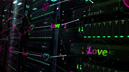 Futuristic datacenter with love in cyberspace, romantic, cyber dating and communication technology. Servers room digital seamless loopable 3d rendering concept animation.