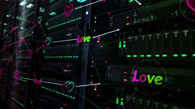 Futuristic datacenter with love in cyberspace, romantic, cyber dating and communication technology. Servers room digital seamless loopable 3d rendering concept animation.