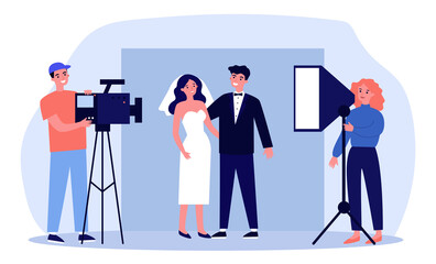 Happy newly married couple taking wedding photo. Bride, camera, groom flat vector illustration. Event and celebration concept for banner, website design or landing web page