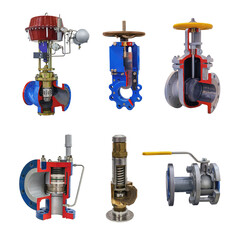 six modern shut-off valves with automatic and manual control for a gas pipeline isolated on a white background. Lengthwise cut