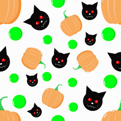 Seamless Halloween pattern with pumpkins and a black cat face.