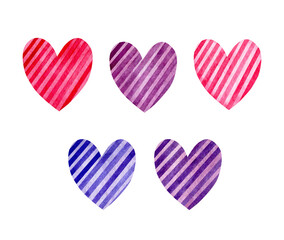Set of colored striped hearts on white background. Watercolor hand-drawn illustration. Pink, lilac, purple, blue design elements. Perfect for your project, cards, print, covers, patterns, invitations.