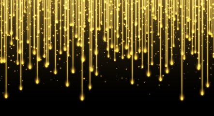 Falling stars, glitter rain, golden star dust, bright yellow sparkles isolated on a dark background. Christmas decoration, abstract falling shiny particles, isolated vector light effect. Luxury decor.