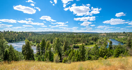 Panoramic view from a cliff of the Spokane River near the Downriver and Audubon neighborhoods near Riverside State Park in Spokane, Washington, USA