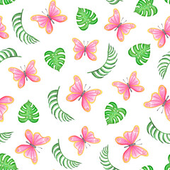 Fototapeta premium butterfly, monstera and palm leaves cartoon pattern on a white. Illustration for printing, backgrounds, wallpapers, covers, packaging, greeting cards, posters, stickers, textile and seasonal design.
