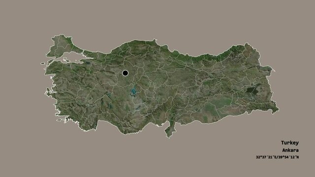 Antalya, province of Turkey, with its capital, localized, outlined and zoomed with informative overlays on a satellite map in the Stereographic projection. Animation 3D