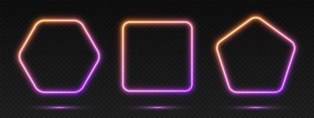 Neon gradient frames set, collection of orange-purple glowing borders isolated on a dark background. Colorful night banners, vector light effect. Pentagon, square, and hexagon, illuminated shapes.