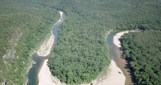 Flying over Buffalo National River revealing horseshoe bend