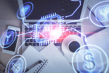 Multi exposure of data theme drawing hologram over topview work desk background with computer. Concept of technology.