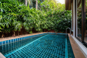 Exterior design of house, home and pool villa feature swimming pool, terrace, landscape garden and sun bed