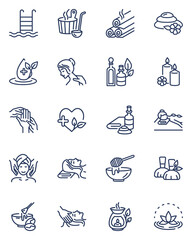 Spa salon icons set. Illustrations of cosmetic facial massage, stone therapy, aromatherapy, sauna, candles, aroma oils. Vector icons for beauty care, wellness, relaxing, physiotherapy concept
