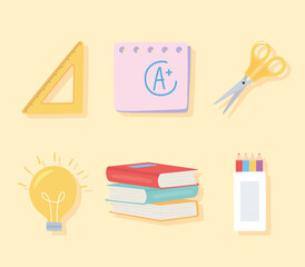 back to school, scissors books ruler pencils color icons education cartoon background